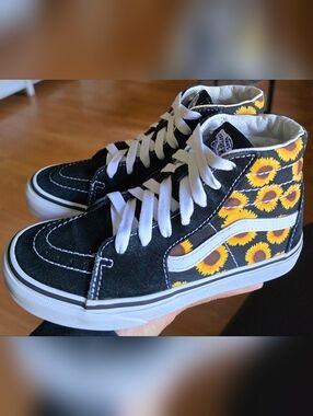 Sz 2.0 Little Girl's VANS SK8-HI SUNFLOWERS Black Suede Casual Shoes